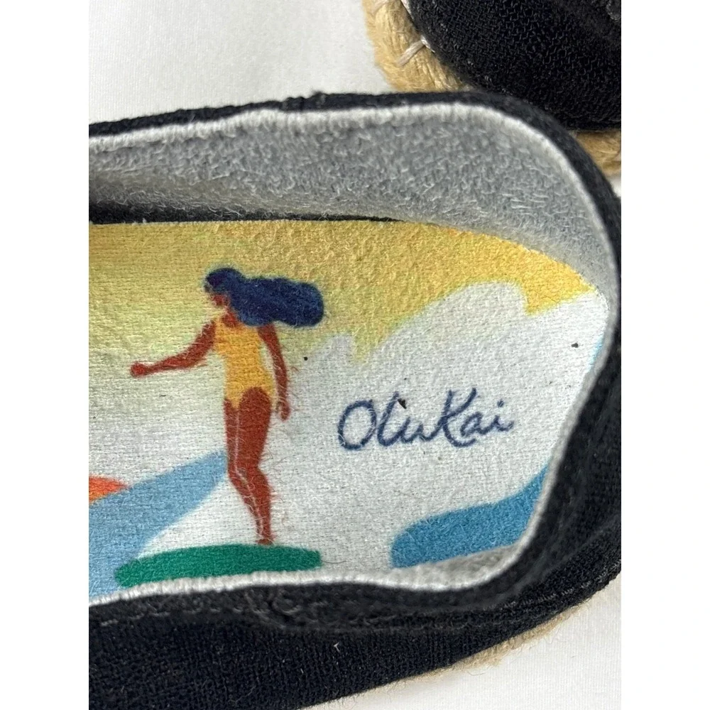 OluKai Kaula Pa'a Kapa Black Linen Espadrille Slip On Shoes Womens 6.5